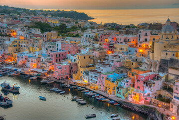 Wall Mural - Sunset view of Marina di Corricella at Italian island Procida