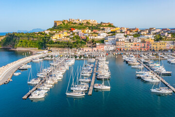 Wall Mural - Aerial view of boats mooring at the marina of Procida island, Italy