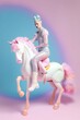 © Uncanny Valley - Fairy tale abstract portrait of a young pretty girl riding a pastel horse, a unicorn. Generative AI.