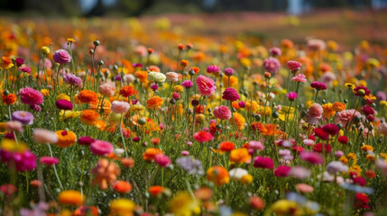 Canvas Print - A field of colorful flowers on a spring afternoon Generative AI