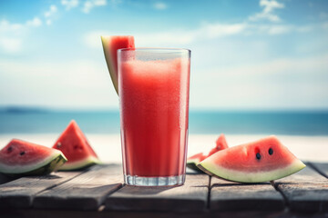 Wall Mural - Watermelon juice on tropical beach abstract background. Drink and summer concept. Generative ai