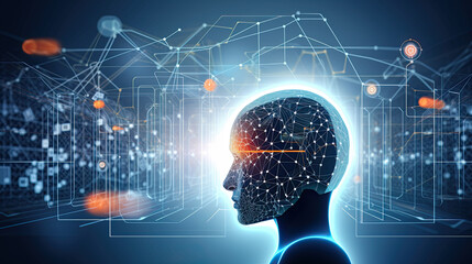 Poster - Conceptual background image with human head and social connection lines. Generative AI
