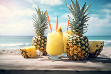 Wall Mural - Pineapple juice on tropical beach abstract background. Drink and summer concept. Generative ai