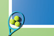 Three tennis balls on a tennis racket at the corner of the lines on blue tennis court. 3D rendering. Flat lay overhead view.
