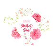 Round Mother's Day card with carnation: white, pink flowers, gypsophile twigs, square white background. Template for design, realistic botanical illustration in watercolor style, vector