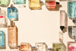Frame copyspace, for the sale of cosmetics, perfume advertising layout beige background concept layout. Transparent perfume bottles framing.