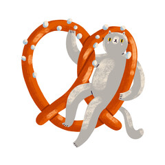 Funny cat character with salted pretzel