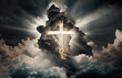 Glowing Christian cross appears bright in the cloudy sky, generative ai