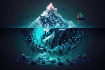 iceberg in dark blue ocean, near sailing ship, abstract background