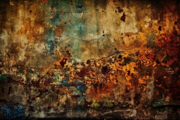 Poster - weathered and colorful wall covered in rust and peeling paint created with Generative AI technology