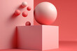 © ADDICTIVE STOCK - Generative AI illustration of geometric shapes and forms of shiny spheres on square platform near wall in red and pink colors