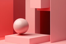 Generative AI Illustration Of Geometric Shapes And Smooth Forms Of Sphere In Open Square Platform And Geometric Lines In Red And Pink Colors