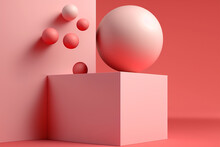 Generative AI Illustration Of Geometric Shapes And Forms Of Shiny Spheres On Square Platform Near Wall In Red And Pink Colors