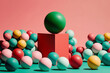 © ADDICTIVE STOCK - Generative AI illustration of colorful geometric shapes of smooth and shiny spheres on steps of square platforms against red and green background