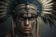 © ADDICTIVE STOCK - Generative AI illustration of serious Indian male in traditional style and headgear with feathers looking at camera wit painted face
