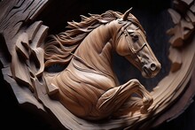 Wood Sculpted Horse. Ai. Wooden Decorative Carving