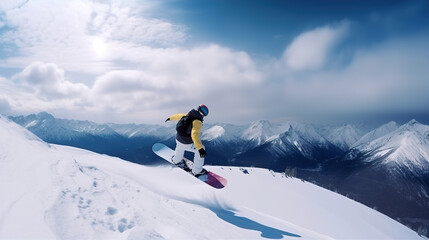 Jumping snowboarder from the hill in winter mountains, doing trick