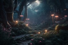 Fantasy Illustration Of Magical Fairy Tale Forest With Pink Fireflies. Generative AI