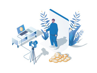 Aufkleber - Blogging concept 3d isometric web scene. People working as bloggers, creating content for followers, recording video in online blog, streaming at studio. Vector illustration in isometry graphic design