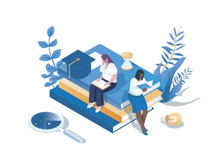 Fototapete - Knowledge concept 3d isometric web scene. People reading different books and textbooks for improving skills and preparing graduates exam at university. Vector illustration in isometry graphic design
