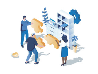 Poster - Teamwork in office concept 3d isometric web scene. People working together and collecting puzzle, doing job tasks, collaborate and support each other. Vector illustration in isometry graphic design