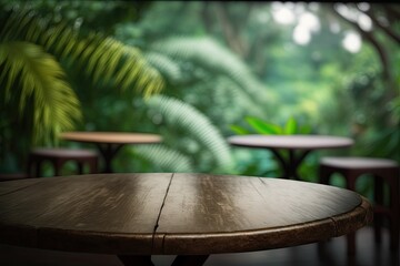 Wall Mural - Closeup of an Empty Table with a Blurred Tropical Forest in the Background (Generative AI)