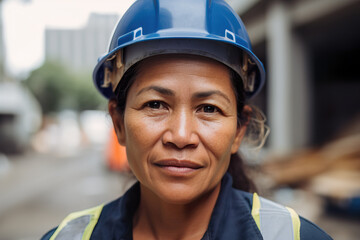 Close up portrait of an Island engineer wearing a hard hat. Generative AI.