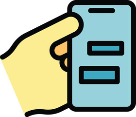 Poster - Hand holding new phone icon outline vector. Smart cellphone. Using smartphone color flat