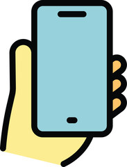 Canvas Print - Hand holding mobile phone icon outline vector. Touch smartphone. Smart device color flat