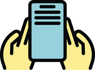 Poster - Human hands holding mobile icon outline vector. Phone screen. Using cellphone color flat