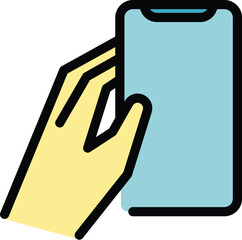 Poster - Holding android phone icon outline vector. Hand mobile. Cell screen color flat