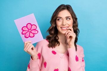 Canvas Print - Photo portrait of lovely lady hold postcard flower drawing wear trendy pink strawberry print garment isolated on blue color background