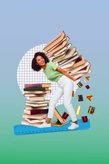 Poster - Photo collage artwork minimal picture of lady holding carrying big book stack isolated drawing background