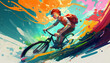 Boy riding a bicycle with colorful energy. Fantasy artwork. Digital illustration.