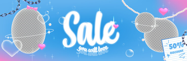 Aufkleber - A banner with y2k frames. Vector illustration for social media photo. Metal chain and pearls and soft aura glow. Korean style banner design.