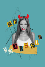 Creative Retro 3d Magazine Collage Image Of Angry Demon Lady Asking Be Yourself Isolated Painting Background