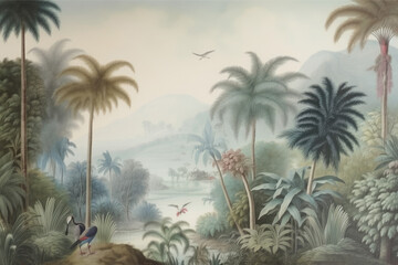  wallpaper jungle and leaves tropical forest birds old drawing vintage - generative ai	