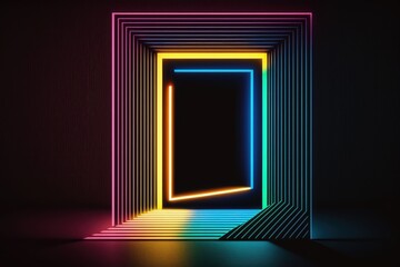 Wall Mural - Glowing neon frame in dark room, abstract background