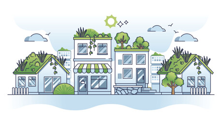 Wall Mural - Green roofs for sustainable homes with rooftop gardening outline concept. Real estate neighborhood with ecological lifestyle design and houses with foliage vector illustration. Urban scene with lush.