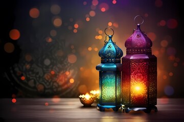 Wall Mural - Ramadan kareem Lantern with Colorful Light Glowing at Night with Bokeh Lights, Ornamental Arabic lantern , generative ai