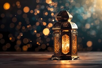 Wall Mural - Ramadan kareem Lantern with Colorful Light Glowing at Night with Bokeh Lights, Ornamental Arabic lantern , generative ai