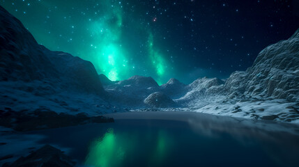 Wall Mural - aurora borealis green northern lights above mountains. night sky with polar lights. night winter lan