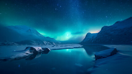 Wall Mural - aurora borealis green northern lights above mountains. night sky with polar lights. night winter lan