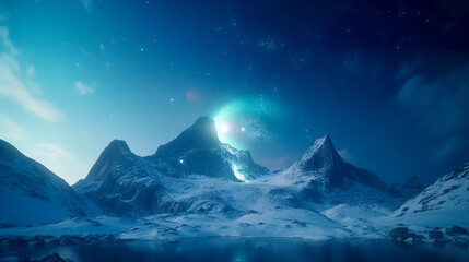 Wall Mural - aurora borealis green northern lights above mountains. night sky with polar lights. night winter lan