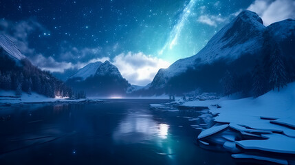 Wall Mural - aurora borealis green northern lights above mountains. night sky with polar lights. night winter lan