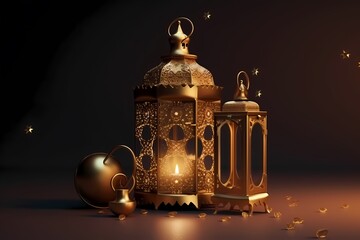 Wall Mural - Ramadan kareem Lantern with Colorful Light Glowing at Night and Glittering with Bokeh Lights, Ornamental Arabic lantern with burning candle, generative ai