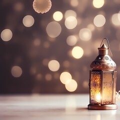 Wall Mural - Ramadan kareem Lantern with Colorful Light Glowing at Night and Glittering with Bokeh Lights, Ornamental Arabic lantern with burning candle, generative ai