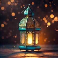 Wall Mural - Ramadan kareem Lantern with Colorful Light Glowing at Night and Glittering with Bokeh Lights, Ornamental Arabic lantern with burning candle, generative ai