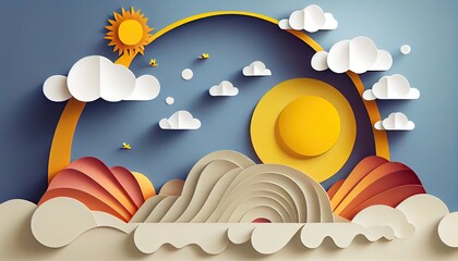 Wall Mural - Cloudscape blue sky with clouds and sun paper art