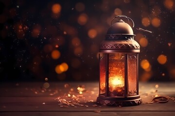 Wall Mural - Ramadan kareem Lantern with Colorful Light Glowing at Night and Glittering with Bokeh Lights, Ornamental Arabic lantern with burning candle, generative ai